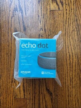 NIB Amazon Echo Dot Smart Speaker 3rd gen - Blue Box with Charcoal Device Image